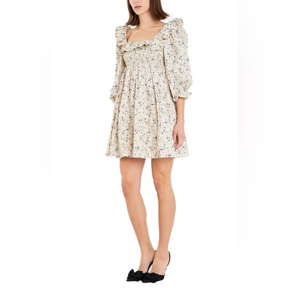 English Factory Square Neck Minidress | Cotton Floral Ruffle Baby Doll Dress - Picture 2 of 4